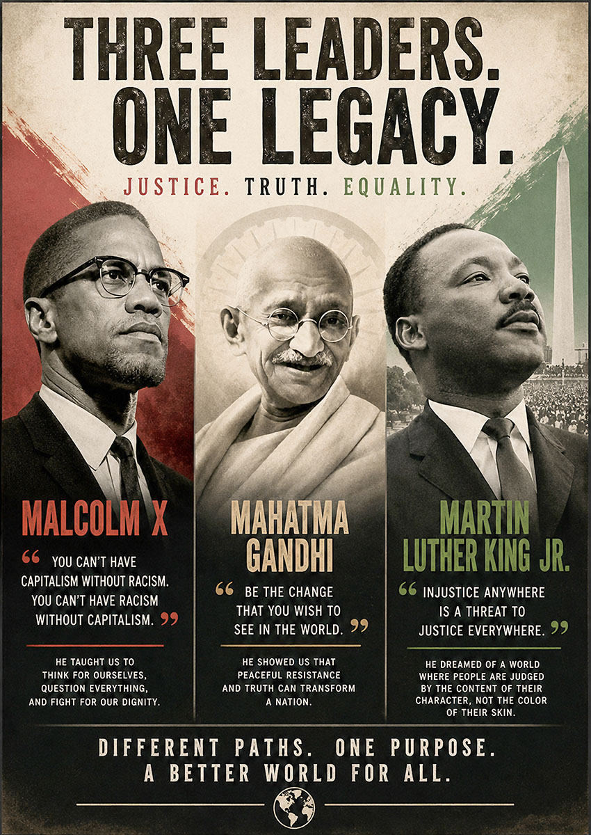 A commemorative poster featuring portraits of Malcolm X, Mahatma Gandhi and Martin Luther King Jr. with inspirational quotes